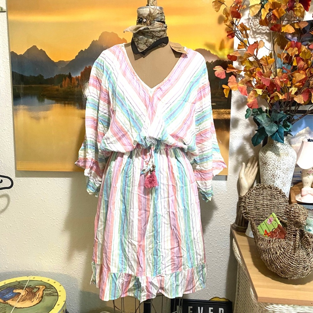 New Romantic Gypsy Kimono Dress Boho cottage fairy Women 2X Striped Tassel M